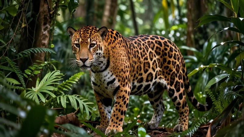 Jaguar realista en selva, iluminación dramática