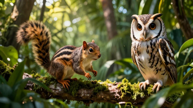 Realismo vibrante: ardilla y búho en la jungla