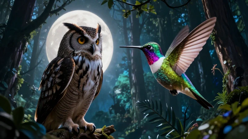 Búho y colibrí en dramático contraste forestal