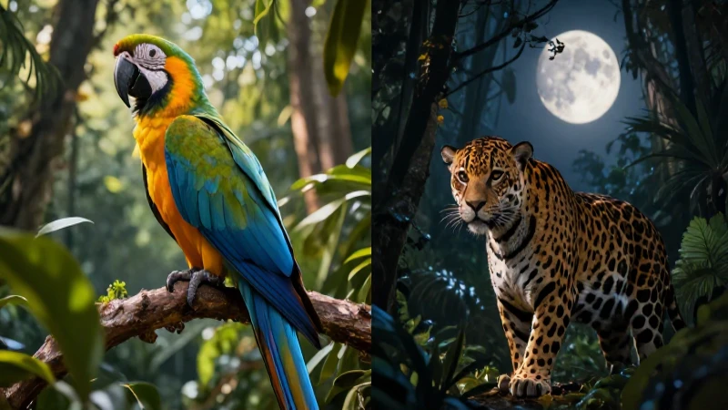Aves y jaguares en un bosque tropical vibrante