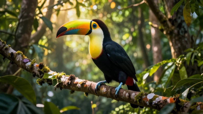 Tucanes diurnos resaltan en la densa selva