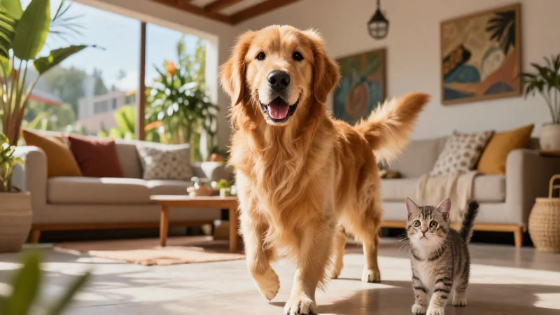 Golden retriever y gato curiosos en sala moderna