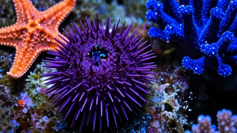 Espina de mar morada y corales azules vibrantes