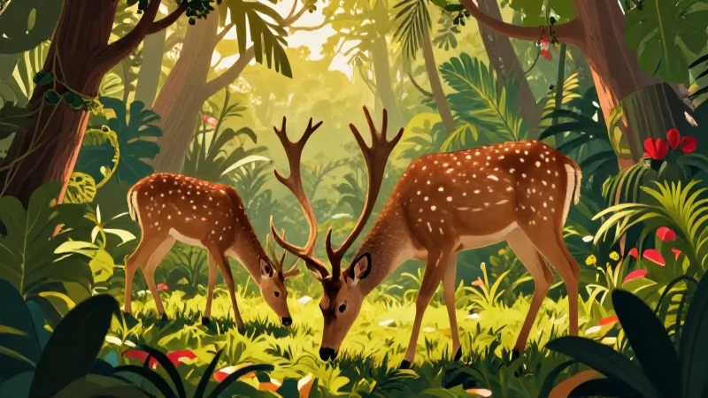 Cérvido majestuoso en bosque tropical dinámico