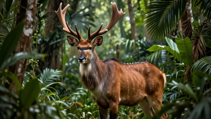 Retrato realista de un ciervo en bosque tropical