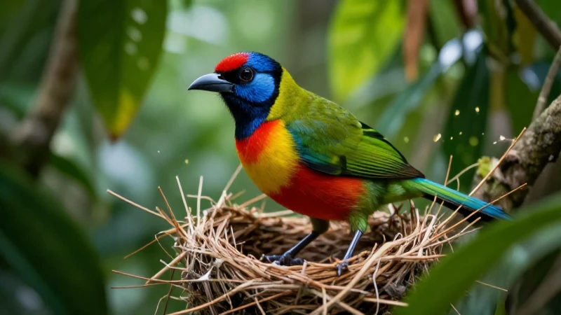 Animales Ovíparos: Concepto, Tipos y Ejemplos Relevantes 6 Pájaro tropical vibrante en nido con fondos exuberantes