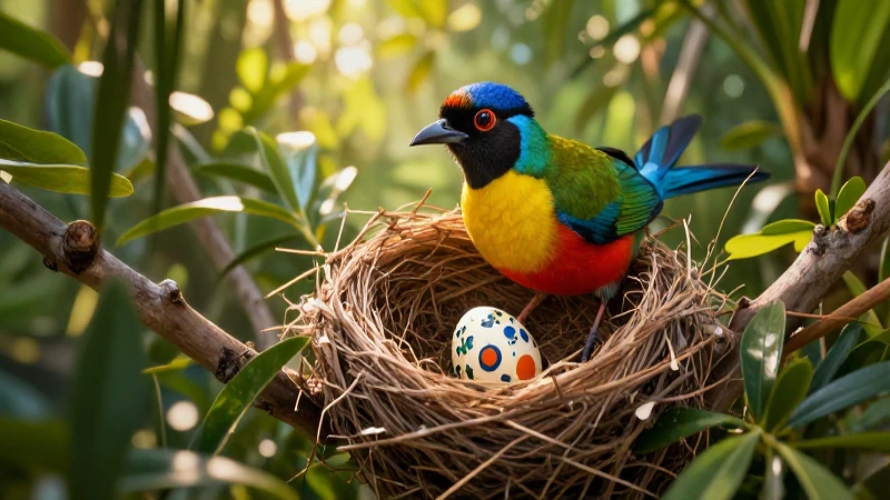 Animales Ovíparos: Concepto, Tipos y Ejemplos Relevantes 5 Pájaro ovíparo con huevo en nido tropical