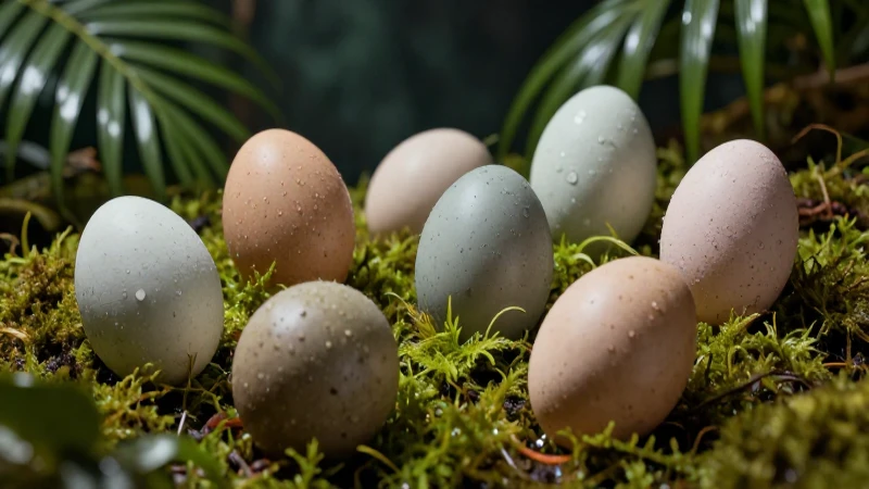 Animales Ovíparos: Concepto, Tipos y Ejemplos Relevantes 4 Macro detallada de huevos vívidos sobre musgo tropical
