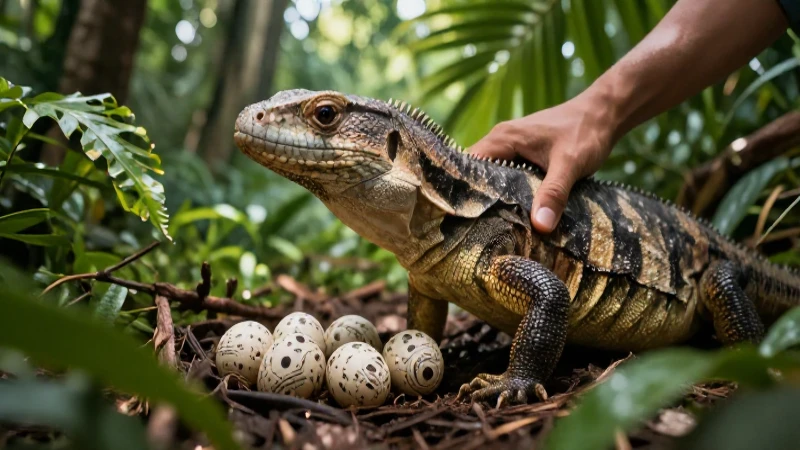 Reptil en su nido tropical, guardando huevos con gran cuidado