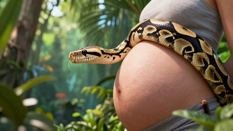 Cuáles son algunos ejemplos de animales que son ovovivíparos 6 Serpiente pitón embarazada en bosque tropical detallado