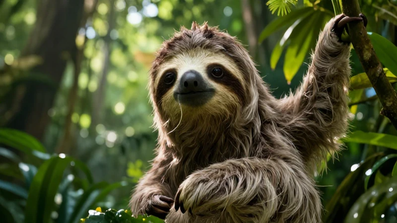 Los 10 animales más sorprendentes que caminan: ¡Te fascinarán! 4 Perezoso detallado en selva vibrante con iluminación dramática