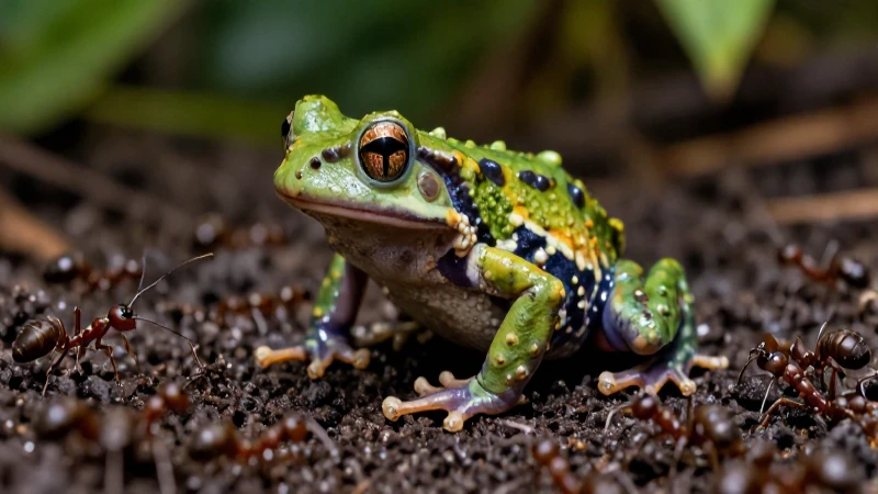 Rana cazadora vibrante en entorno tropical