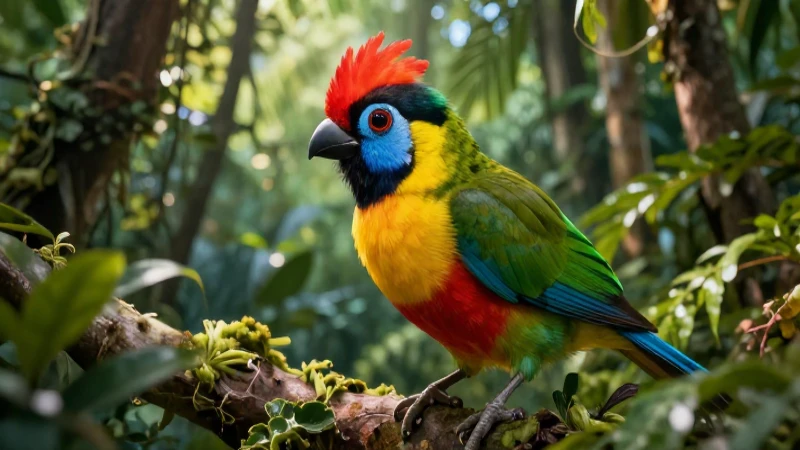 Ave exótica vibrante emerge en la selva tropical