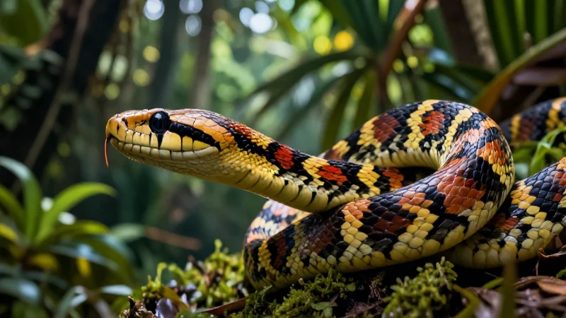Explora los animales reptiles: características, curiosidades y más 3 Serpiente vibrante en exuberante jungla, estilo educativo