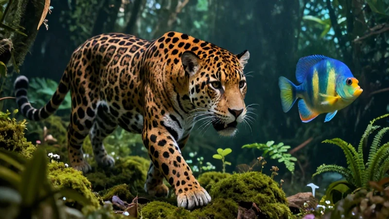 Animales terrestres y acuáticos: 140 ejemplos Impresionantes 6 Jaguar majestuoso con pez tropical en entorno vibrante