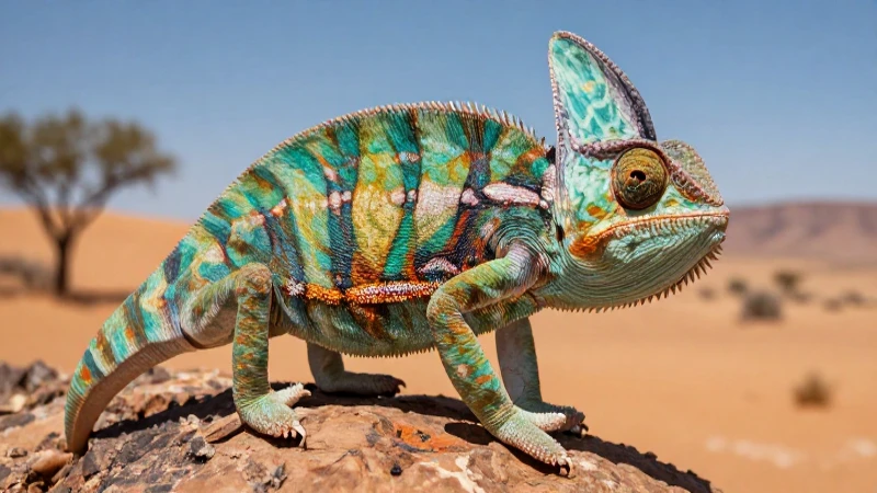 Camaleón en desierto: arte realista hiperdetallado