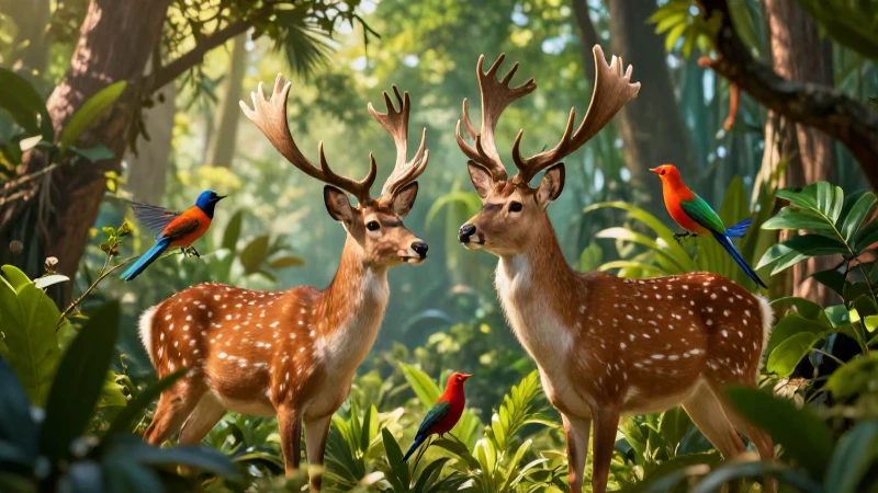 Animales: definición y concepto de su importancia vital 3 Cervato y aves tropicales en ecosistema vibrante