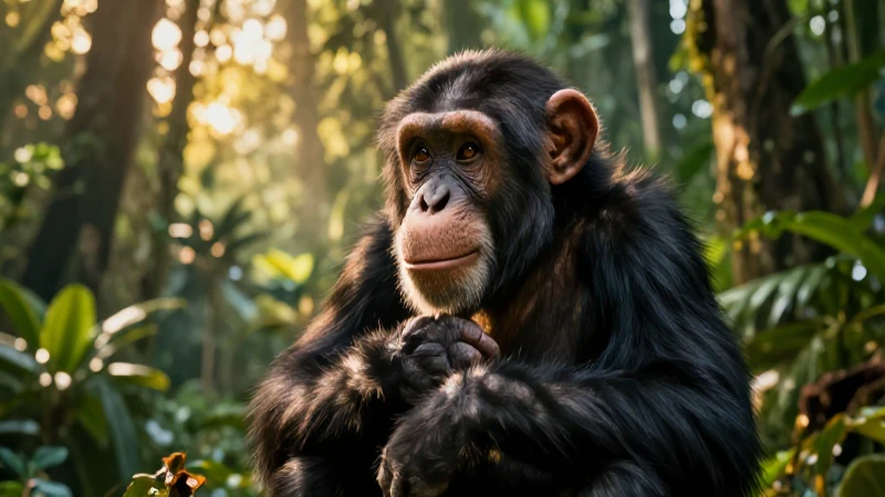 Animales: definición y concepto de su importancia vital 5 Chimp pensativo en jungla tropical con estilo fotográfico