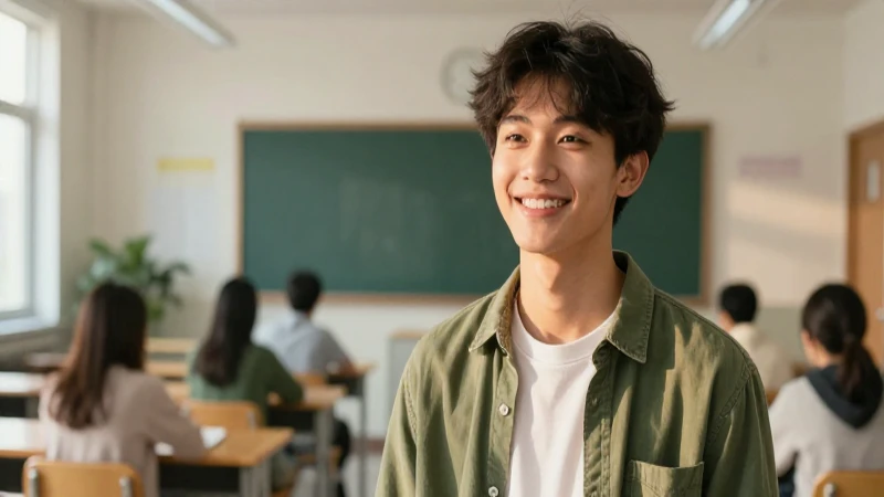 Joven sonriente en entorno educativo moderno y brillante