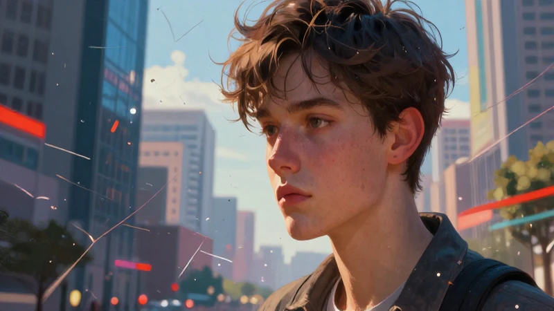 Joven pensativo en ciudad surrealista