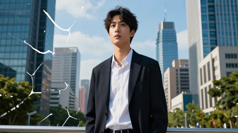 Joven elegante en paisaje urbano moderno y dramático