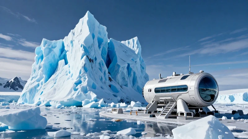 Paisaje antártico majestuoso con estación futurista y hielo azul