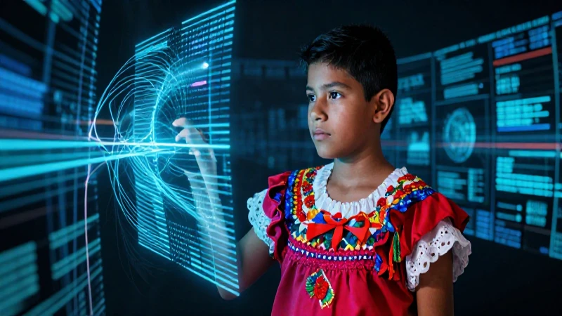 Estudiante mexicano frente a datos digitales vibrantes