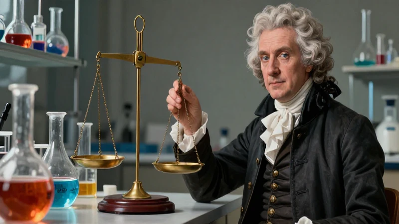 Antoine Lavoisier: Vida y logros del padre de la química moderna 4 Retrato científico detallado de Lavoisier con equilibrio y elementos químicos