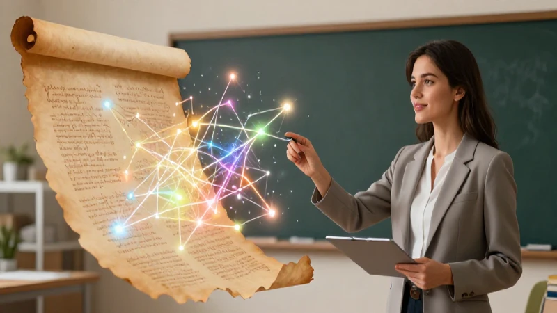 Ilustración moderna de educadora con conceptos lingüísticos brillantes
