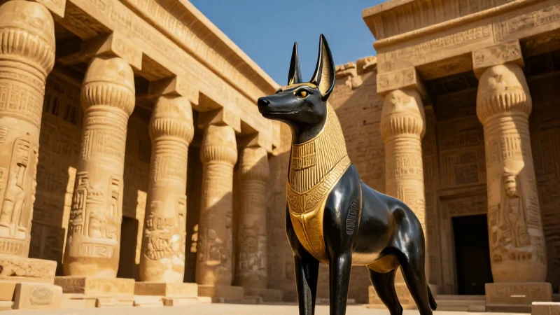 Anubis: Información, características, símbolos y más 7 Anubis majestuoso ante templos egipcios reales
