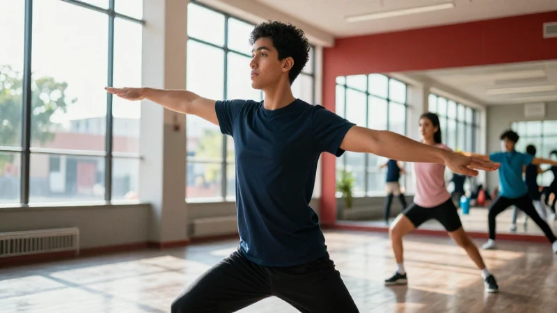 Joven estira en aula moderna con luz brillante