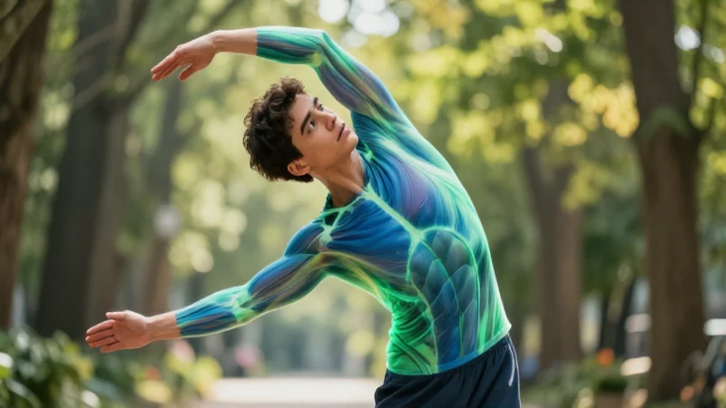 Joven estira con luces anatómicas azules