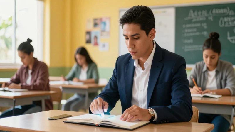 Maestra moderna con libreta digital en un aula brillante