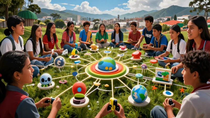 Aplica: Definición y Concepto Esencial que Debes Conocer 4 Estudiantes mexicanos colaboran en un mundo digital vibrante