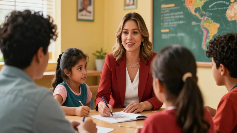 Apoyar emocionalmente: Guía sobre apoyo y recursos PDF 4 Educadora mexicana guía a estudiantes jóvenes con vibrante luz