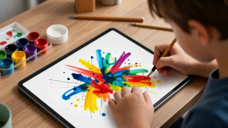 Niño crea arte abstracto con acuarelas y tablet