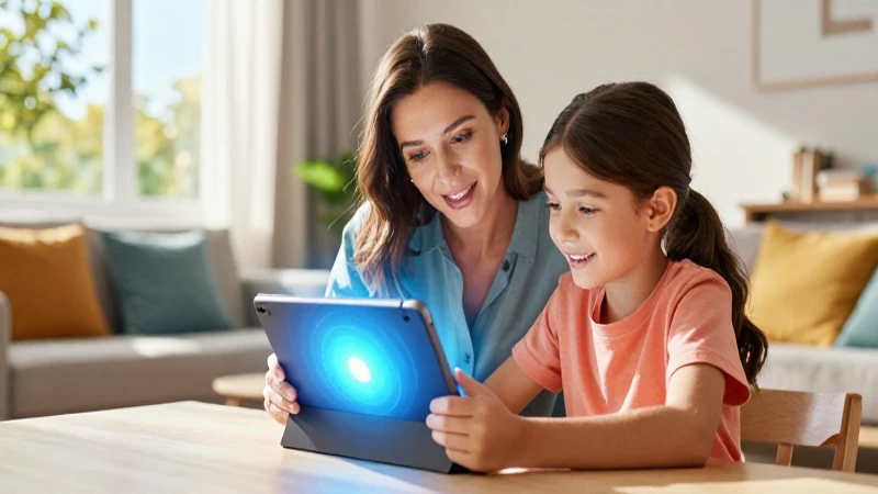 Madre y estudiante interactúan con tablet luminosa