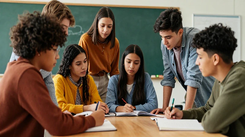 Estudiantes colaboran en un aula moderna y vibrante