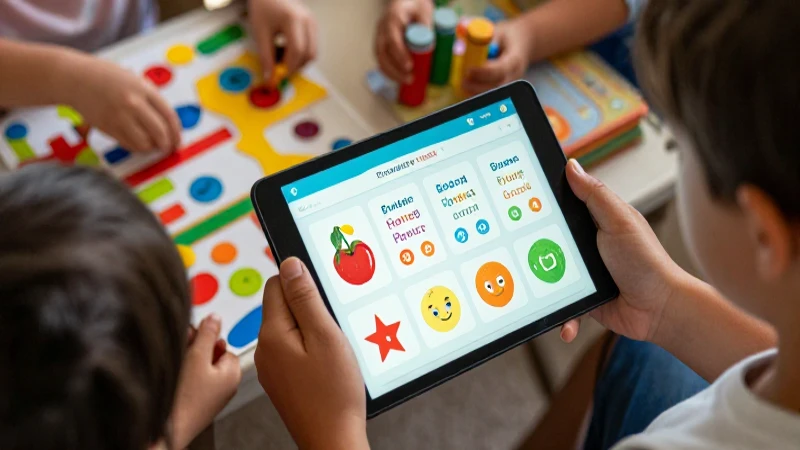 Manos diversas exploran tablet educativa con colorido