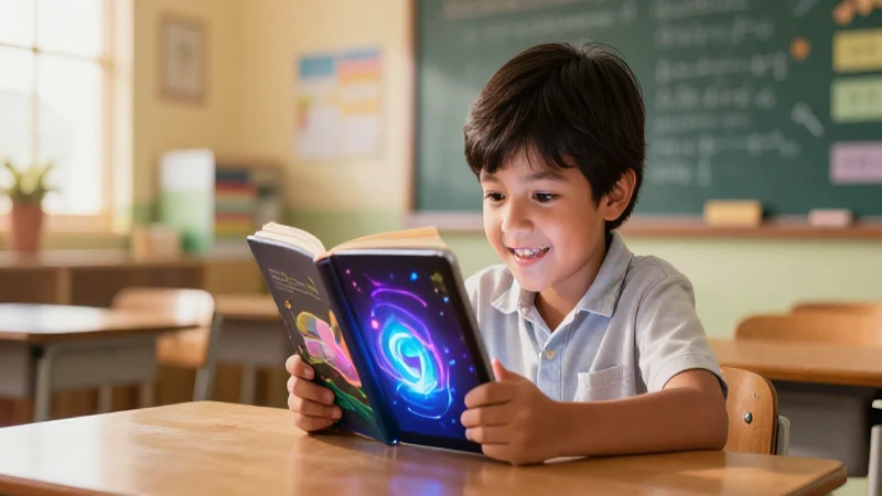 Niño mexicano lee en tableta con ilustración vibrante