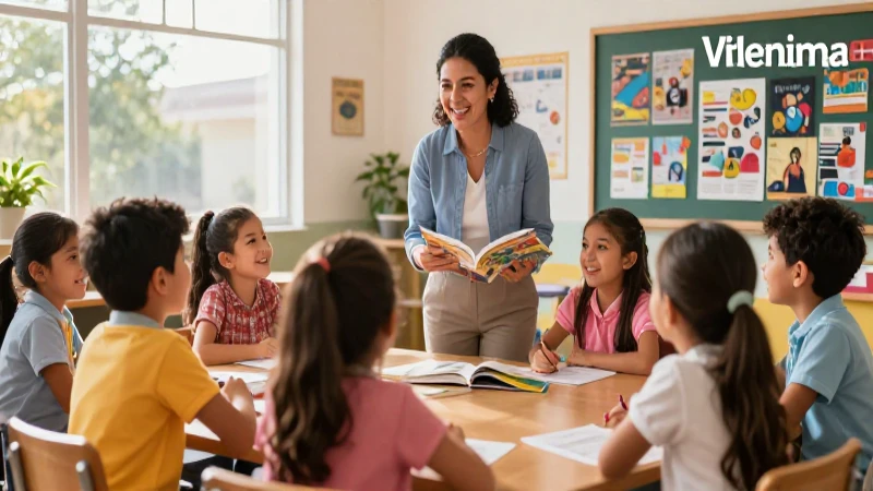 Profesora guía niños felices en aula vibrante