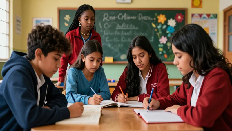 Estudiantes estudian español en un aula mexicana moderna