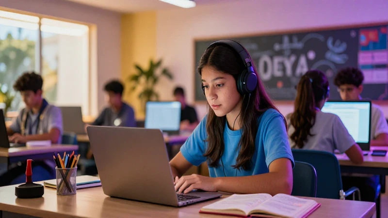 Estudiante de secundaria con materiales digitales en un ambiente mexicano vibrante