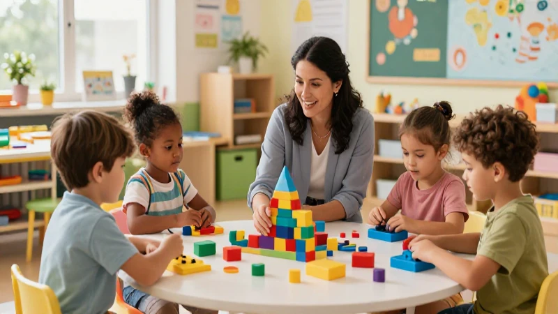 Maestra guiando a niños con materiales educativos vibrantes