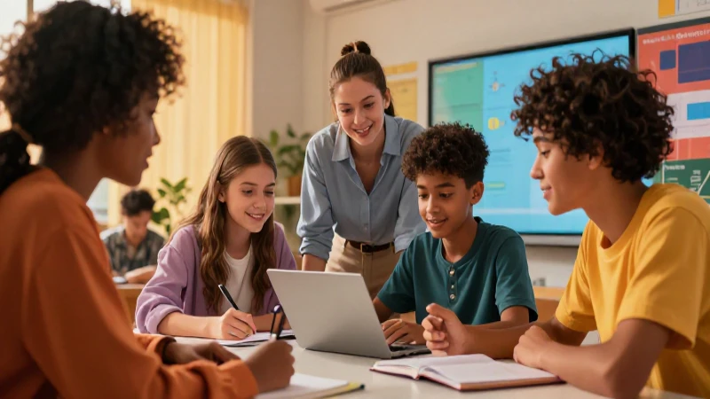 Estudiantes colaboran en entorno de aprendizaje moderno y cálido