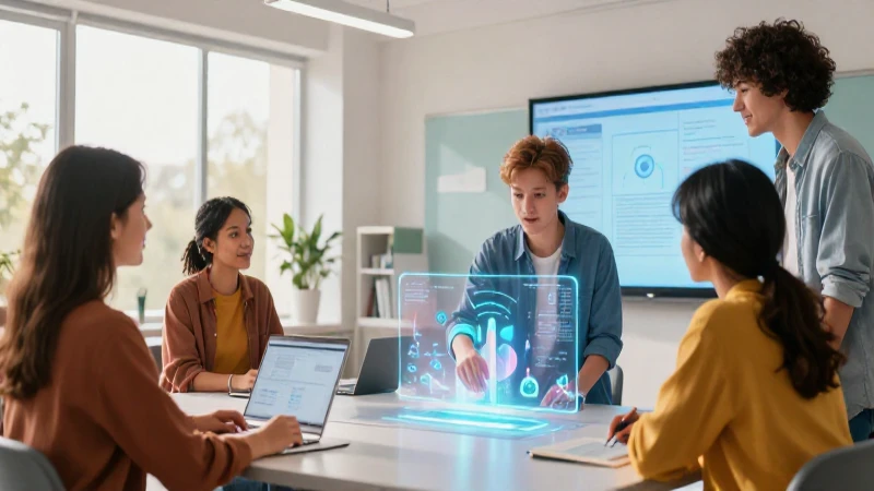 Estudiantes colaborando con hologramas en aula moderna
