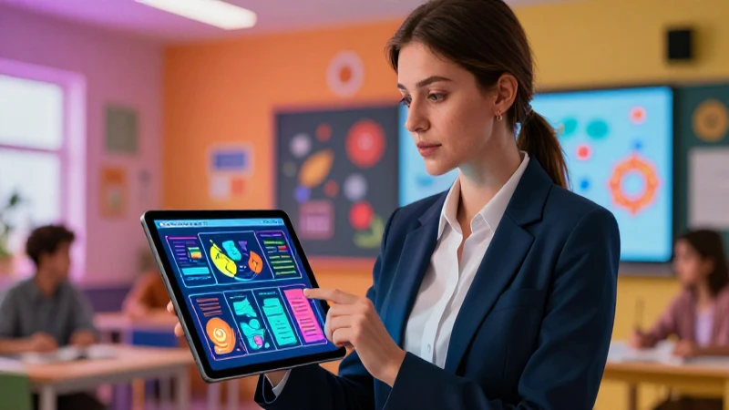 Educador moderno interactúa con datos educativos coloridos