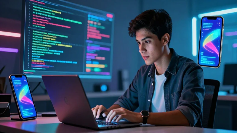 Joven programador en entorno tecnológico vibrante