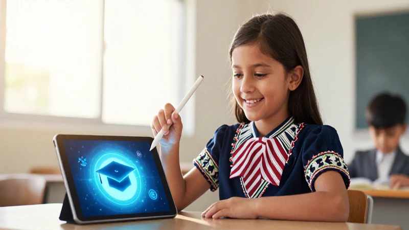 Estudiante mexicano sonriente usa tableta digital