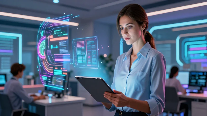 Maestra digital futurista en entorno moderno